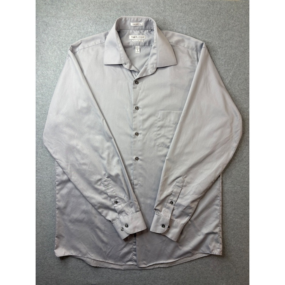 Van Heusen Lux Sateen Dress Shirt Mens 16 34/35 Regular Fit Grey Wrinkle Free